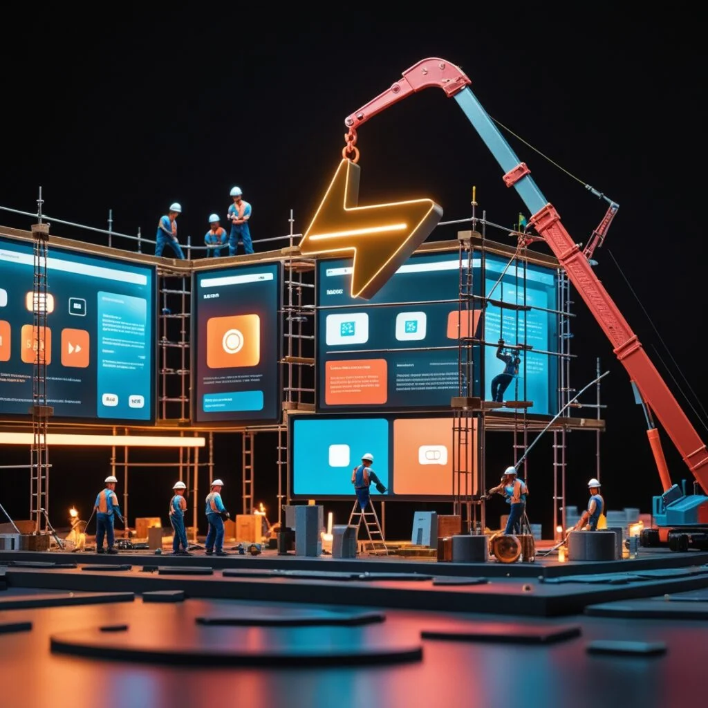 Ilustração de agilidade na construção de um site, com símbolo de raio, representando a rapidez e eficiência da Cria Impacto Digital na entrega de projetos.