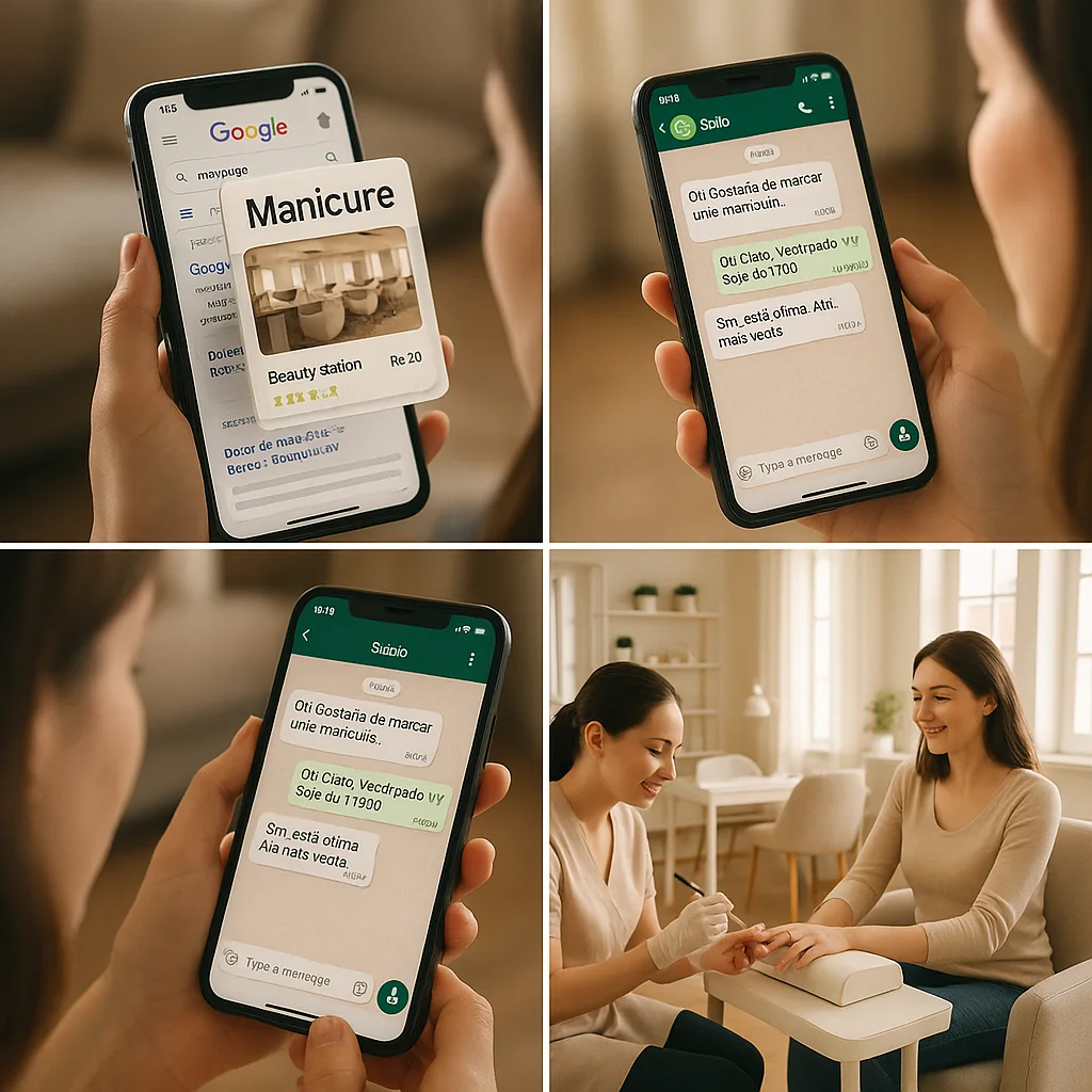 Mãos segurando celulares com resultados de busca Google para 'manicure' e conversa no WhatsApp, ilustrando anúncios online eficazes para vendas e agendamentos