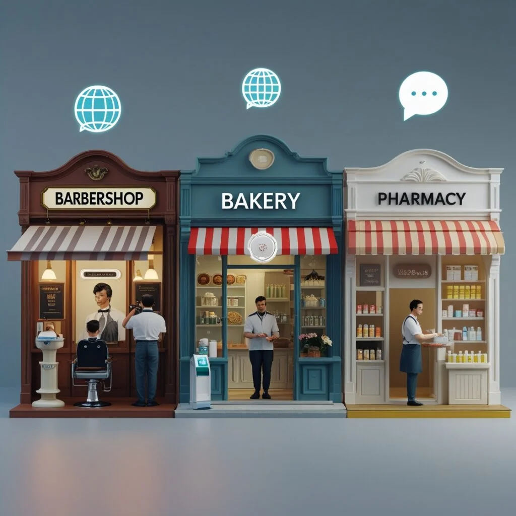 lustração de fachadas de pequenos negócios com pessoas conversando, simbolizando o atendimento humano e personalizado da Cria Impacto Digital para empresas