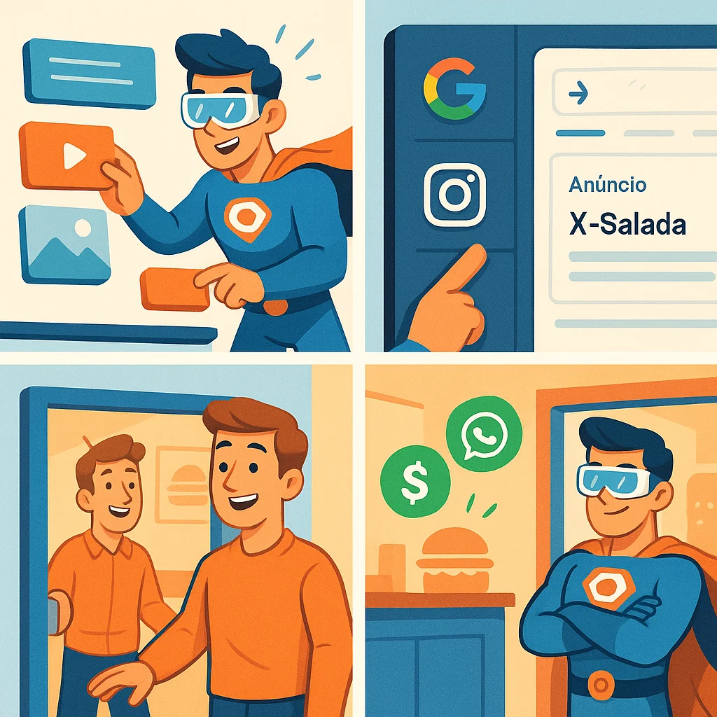 Ilustrações do processo de marketing digital da Cria Impacto Digital, incluindo criação de site, anúncios online e interação com clientes para impulsionar negócios