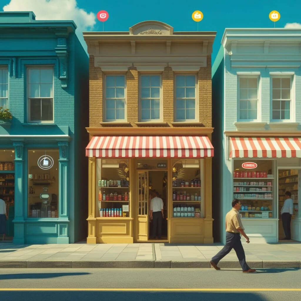 Fachadas coloridas de pequenos negócios e comércios locais, representando os clientes da Cria Impacto Digital em Itanhaém, Peruíbe, Mongaguá e Praia Grande