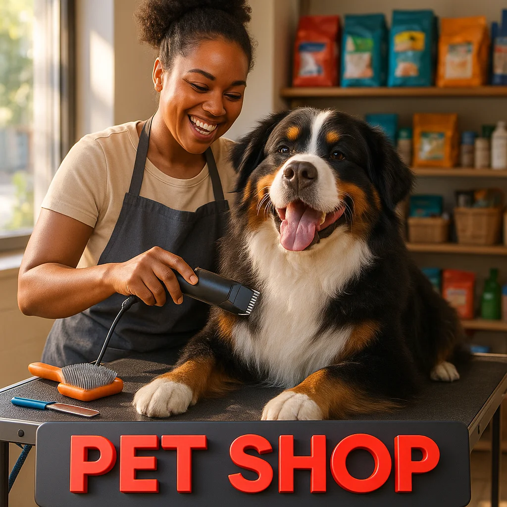 Profissional tosa um cachorro em um pet shop, simbolizando a criação de sites para pet shops e serviços de banho e tosa em Itanhaém, Peruíbe, Mongaguá e Praia Grande