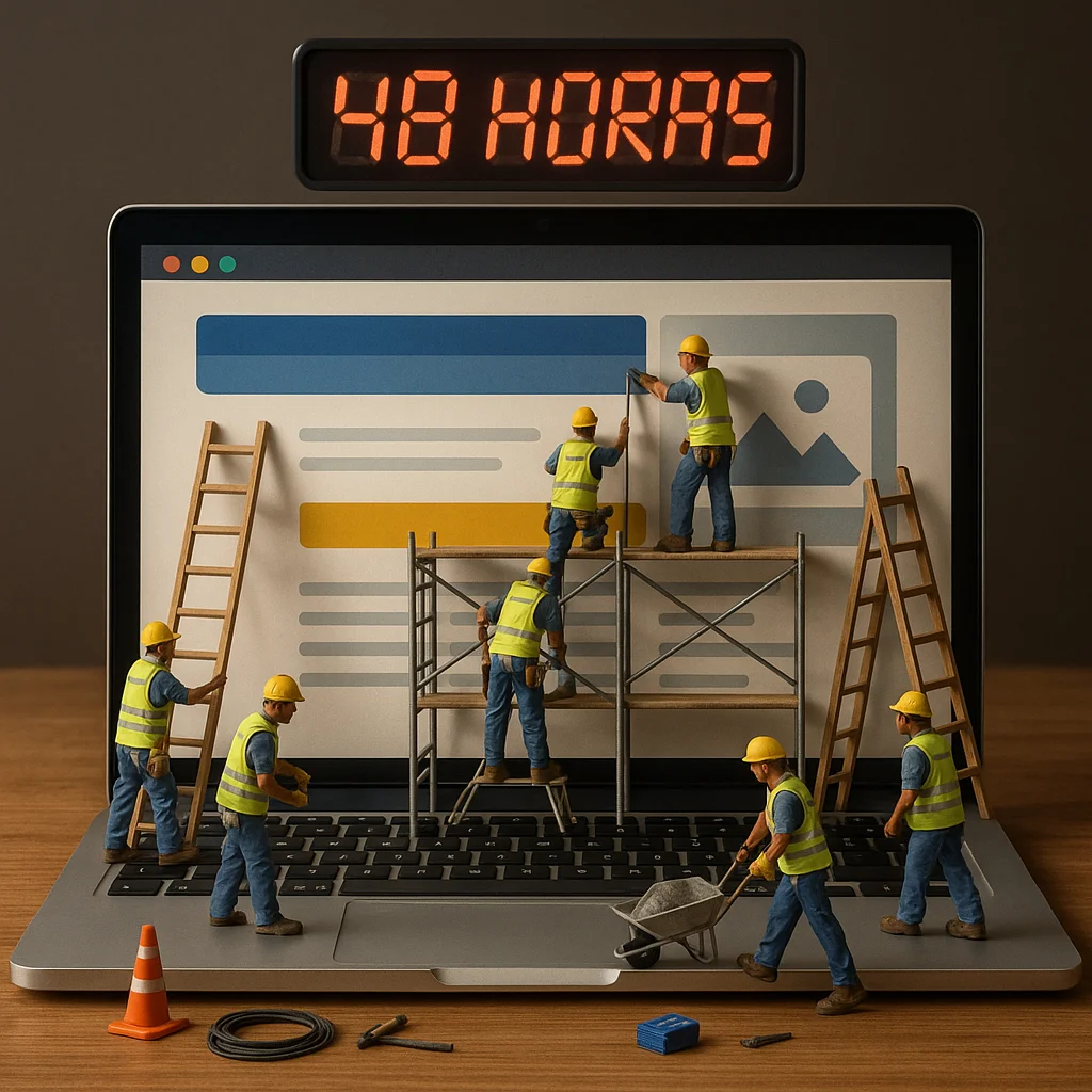 Pequenos trabalhadores construindo um site em um laptop, representando a criação de sites profissionais em até 48 horas pela Cria Impacto Digital