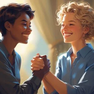 Duas pessoas sorrindo e se cumprimentando, simbolizando os valores da Cria Impacto Digital: clareza, comprometimento, respeito e entrega de valor aos clientes.