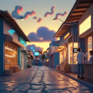 Rua de comércio local iluminada ao entardecer, com sinais de conectividade, representando a visão da Cria Impacto Digital de ser referência em soluções digitais para comerciantes em Itanhaém, Peruíbe, Mongaguá e Praia Grande