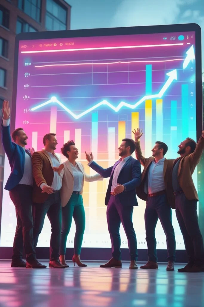 Profissionais celebrando o sucesso e o crescimento de seus negócios online com a Cria Impacto Digital, demonstrando resultados positivos para empresas em Itanhaém, Peruíbe, Mongaguá e Praia Grande