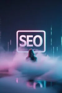 Mulher em meio a fumaça colorida olhando para um letreiro 'SEO', simbolizando a otimização SEO local para aparecer no Google sem precisar anunciar