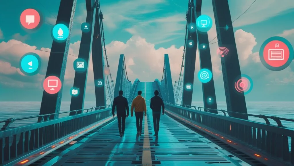 Equipe da Cria Impacto Digital construindo pontes para o sucesso de pequenos negócios online, representando nossa missão de digitalização em Itanhaém, Peruíbe, Mongaguá e Praia Grande