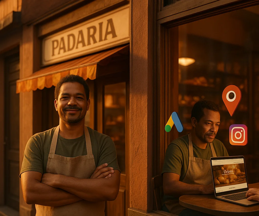 Padeiro sorridente em frente à sua padaria, com elementos de marketing digital, representando a criação de sites profissionais em em Itanhaém, Peruíbe, Mongaguá e Praia Grande com teste grátis de 7 dias da Cria Impacto Digital